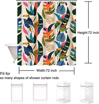 Colorful Leaf Shower Curtain, Boho Bird Abstract Art Jungle Plant Bathroom Curtain with 12 Hooks, Modern Asthetic Waterproof Polyester Fabric Bathroom Decor with Hooks 72x72 Inch