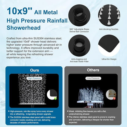 Hibbent All Metal 10" High Pressure Rain Shower Head Combo, Matte Black | cUPC Certified Rainfall Shower Head with handheld 10 Sprays, 16'' Adjustable Extension Arm, 71'' Hose, Showerhead Holder