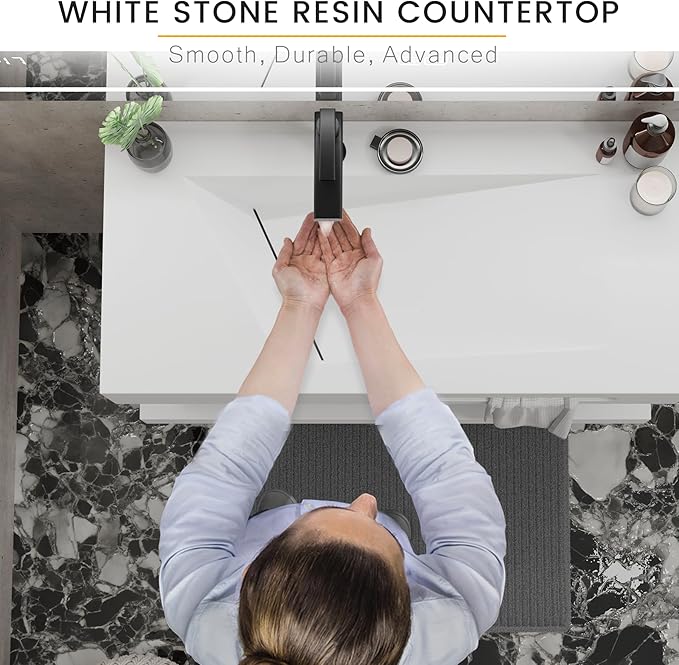 QJ&XY Resin Bathroom Sink 40" Wall Mounted V-Shaped White Basin with Towel Rack, Floating Vanity Sink in Soft-Touch Finish (Double Tier)