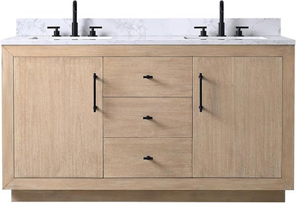 HOMEBEYOND 60 Inch Bathroom Vanity with Double Sink & Ceramic Top, MDF Material Vanity Cabinet with Basin Combo, Soft-Closing Doors, Removable Shelf, Backsplash