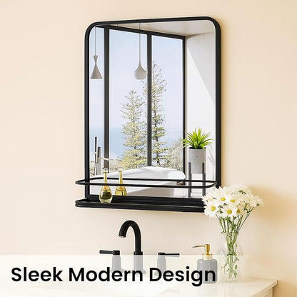 VASUHOME Black Bathroom Mirror with Shelf - Bathroom Vanity Mirror with Metal Frame with Rounded Corners - 26.8" x 21.3" - Perfect for Living Room, Bedroom, Bathroom, Entryway