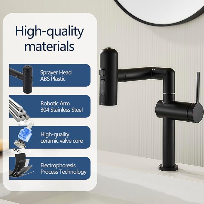 360°Rotatable Bathroom Faucet, 1 Hole Single Handle Bathroom Faucet, Bathroom Sink Faucet with 4 Water Outlet Modes for Kitchen Rv Bath Lavatory Sink, Matte Black