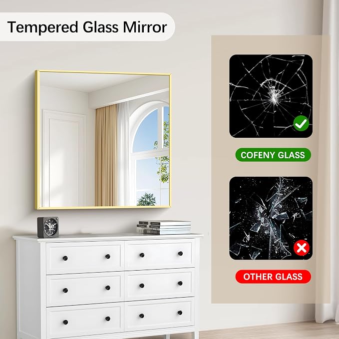COFENY Gold Bathroom Mirror for Wall, 30x30 Inch Square Mirrors with Metal Frame, Modern Vanity Wall Mirror Decor for Bathroom Living Room, Entryway Hangs Horizontal or Vertical