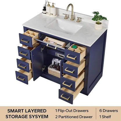 48-inch Bathroom Vanity with Sink, Solid Wood, 0.79-inch Stone Countertop and Backsplash, 9 Drawers, 2 Soft Closing Doors -Royal Blue