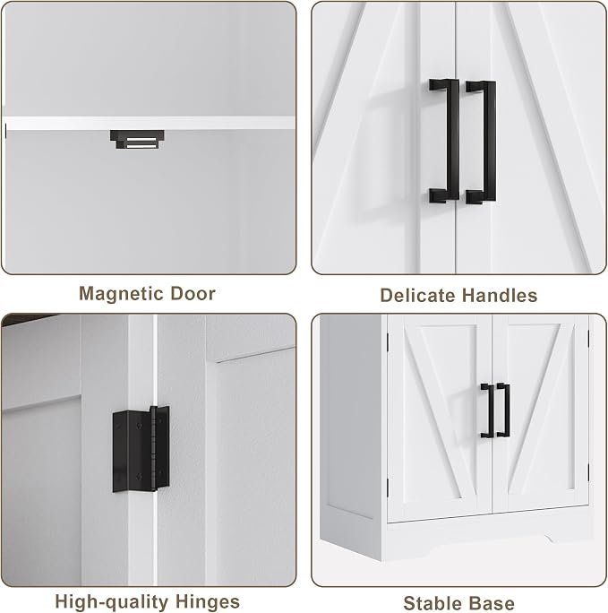 Treocho Farmhouse Bathroom Floor Cabinet with Adjustable Shelves | 13.78"D x 23.62"W x 43.46"H, Freestanding Kitchen Pantry Cabinet, Cupboard for Living Room, Dining Room, White