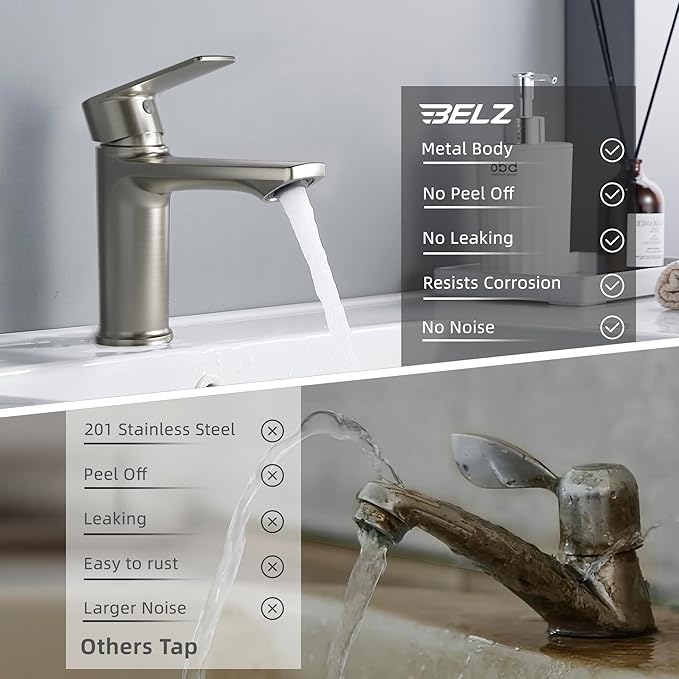 BELZ Bathroom Faucet Brushed Nickel, Tool-Free Modern Single Handle Sink Faucet, Spot-Resistant Single Hole Vanity Faucet, Pre-Installed 24" Lines, Faucet Only