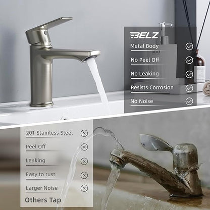 BELZ Bathroom Faucet Brushed Nickel, Tool-Free Modern Single Handle Sink Faucet, Spot-Resistant Single Hole Vanity Faucet, Pre-Installed 24" Lines, Faucet Only