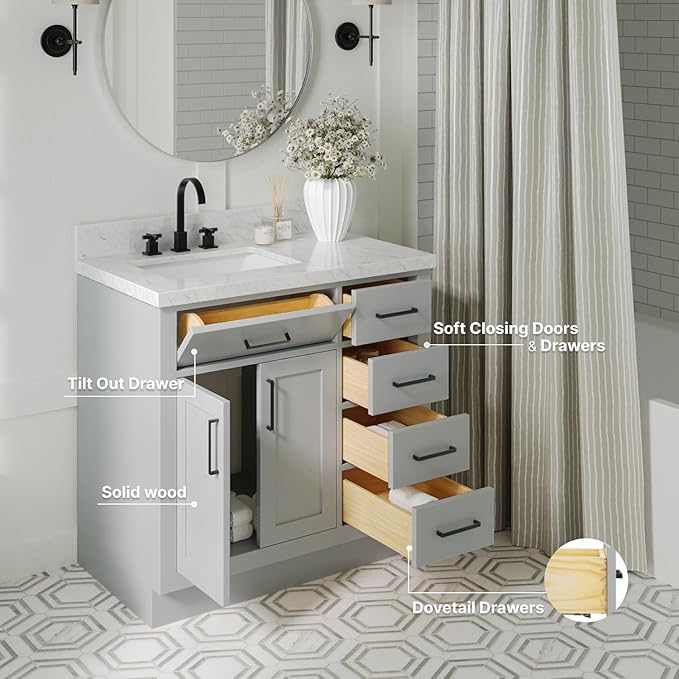 ARIEL Hepburn 36-inch Bathroom Vanity Base Cabinet,Solid Wood, 2 Soft Closing Doors, 5 Dovetail Drawers, Grey