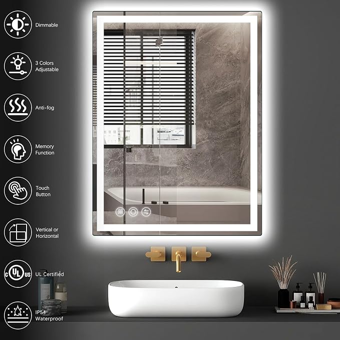 28" x 36" LED Bathroom Mirror with Lights, Memory Vanity Mirror | Anti-Fog, 3 Color Modes, Dimmable, Front Lit, Memory Function, Tempered Glass, Lighted Bathroom Mirror for Wall