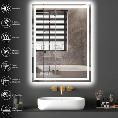24" x 36" LED Bathroom Mirror with Lights, Memory Vanity Mirror | Anti-Fog, 3 Color Modes, Dimmable, Front Lit, Memory Function, Tempered Glass, Lighted Bathroom Mirror for Wall