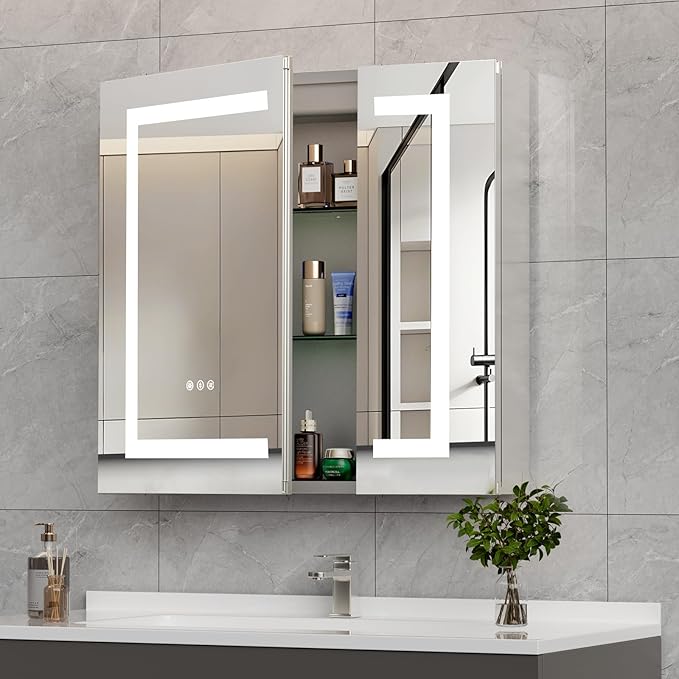 24 * 26 Bathroom Lighted Medicine Cabinet, Professional Makeup Medicine Cabinet Mirror, Large Storage LED Mirror with USBs, Stepless Dimming & Anti-Fog, 3-Color Light