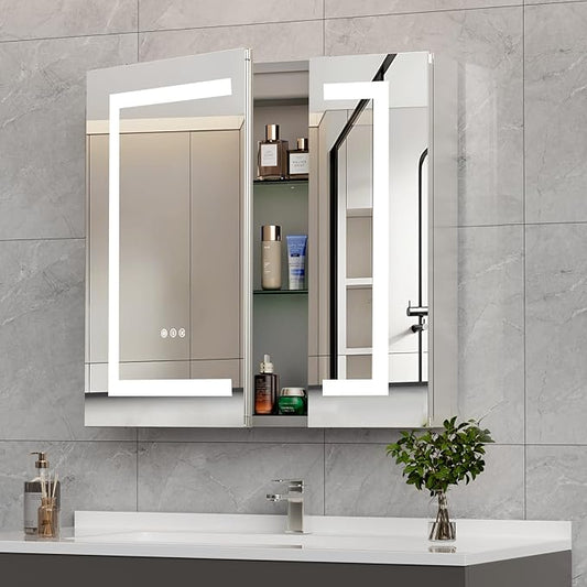 24 * 26 Bathroom Lighted Medicine Cabinet, Professional Makeup Medicine Cabinet Mirror, Large Storage LED Mirror with USBs, Stepless Dimming & Anti-Fog, 3-Color Light