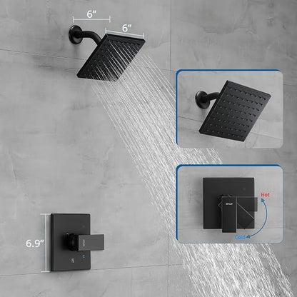 Esnbia Matte Black Tub Shower Kit, 6-Inch Rain Head, Valve, Trim Kit | Complete tub and shower trim kit with 6-inch rainfall head, single-handle control, tub spout, and valve. Matte Black finish.