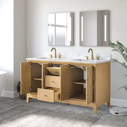 Vanity Art 60" Bathroom Vanity with Double Sink & Arabescato White Engineered Stone Top, Vanity Cabinet with Soft Closing Door, Solid Wood Frame, Golden Brushed Handles, Natural Oak VA8160D-NO-GB