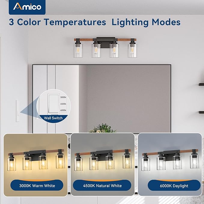 Amico Farmhouse Bathroom Vanity Light Fixtures,Rustic 4-Light Industrial Painted Wood Lights,Vintage Black Wall Sconces Bathroom Vanity Lighting with Bubble Glass Shade