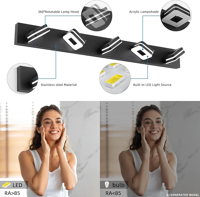 Modern LED Bathroom Vanity Light - 30W Dimmable Matte Black 5-Light Fixture, 40" Long Wall Light, Day Light 5500K, 110V AC