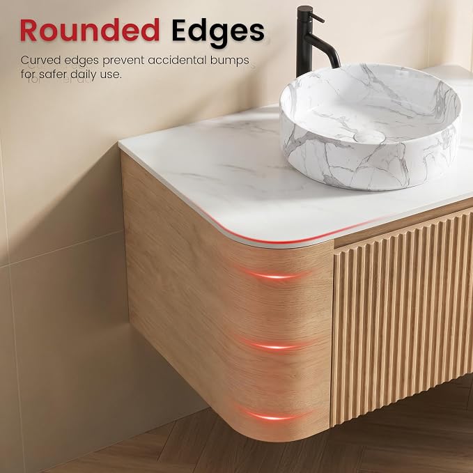 72" Floating Bathroom Vanity with Carrara Finish Sink, Honey Oak | Pre-Assembled Fluted Wall Mounted Double Sink Vanity with Sintered Stone Countertop, Soft-Close Drawers & Towel Rack