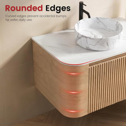 72" Floating Bathroom Vanity with Carrara Finish Sink, Honey Oak | Pre-Assembled Fluted Wall Mounted Double Sink Vanity with Sintered Stone Countertop, Soft-Close Drawers & Towel Rack