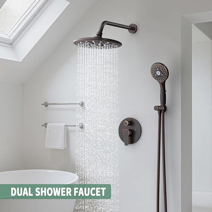 SunCleanse Oil Rubbed Bronze Shower System, Shower Faucet Sets Complete with Rain Shower Head and 7-Settings Handheld Shower Spray, Included Rough in Valve and Trim Kit