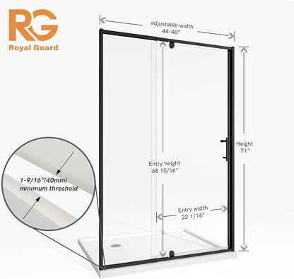 Royal Guard 44-48" W x 71" H Pivot Swing Glass Shower Door,Matte Black | Shower Doors with 4-Inch Adjustable Width, 6mm SGCC Tempered Glass, Reversible Installation,Magnetic Closing,Easy to Clearn