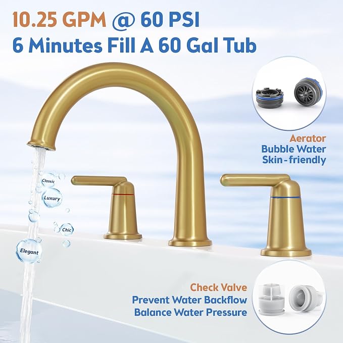 Roman Tub Faucet 3 Hole Deck Mount Tub Filler High Flow Brushed Gold | With Ceramic Valve, Solid Brass, High Arch Bathtub Faucet, 2-Handle Design, Widespread Mount, Garden Bath Tub Faucet