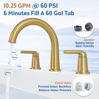 Roman Tub Faucet 3 Hole Deck Mount Tub Filler High Flow Brushed Gold | With Ceramic Valve, Solid Brass, High Arch Bathtub Faucet, 2-Handle Design, Widespread Mount, Garden Bath Tub Faucet
