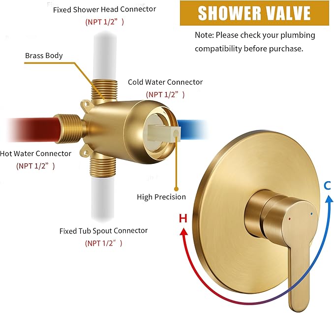 Tohlar Gold Shower Faucet Set with Tub Spout, Bathtub and Shower Faucet Combo Kit, 6-Inch Rain Shower Head and Faucet Set with Valve, Brushed Gold