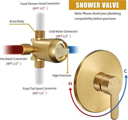 Tohlar Gold Shower Faucet Set with Tub Spout, Bathtub and Shower Faucet Combo Kit, 6-Inch Rain Shower Head and Faucet Set with Valve, Brushed Gold