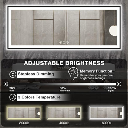EchosLife 84x32 Large LED Bathroom Mirror - Black Aluminum Framed | Black Frame, Front and Backlit, Anti-Fog, Stepless Dimmable, 3 Colors, Memory, Tempered Glass, UL Listed, Horizontal/Vertical