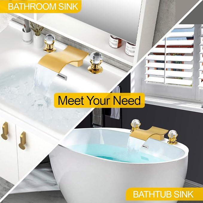 Widespread Bathroom Sink Faucet with Crystal Knob 3 Hole Waterfall Vanity Faucet 8 Inch Crystal Bathroom Faucets Deck Mount Basin Mixer Tap with Hose, Polished Gold