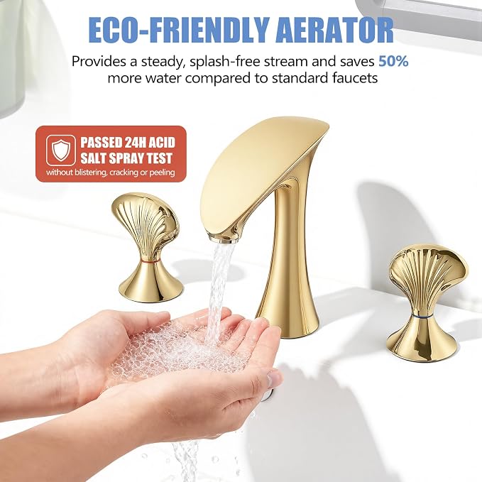 Gold Bathroom Faucet 3 Hole, 8 Inch Widespread Bathroom Sink Faucet for Vanity, 2 Handle Bathroom Faucets, Bathroom Vanity Faucet with Pop-Up Drain and Supply Hoses