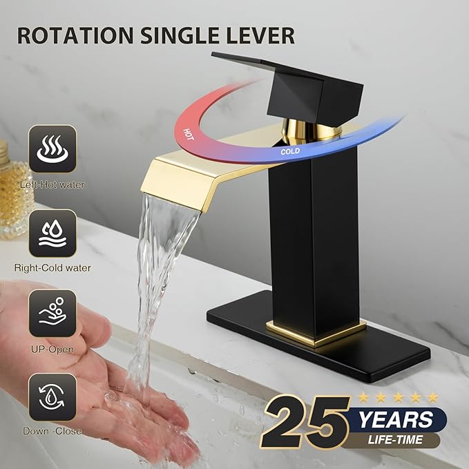 Bathroom Sink Faucet, Black and Gold Color, Waterfall Style, SUS304 Stainless Made, Single-Handle, Deck-Mount Suitable for 1-3-Hole, Drain and Supply Hoses Included