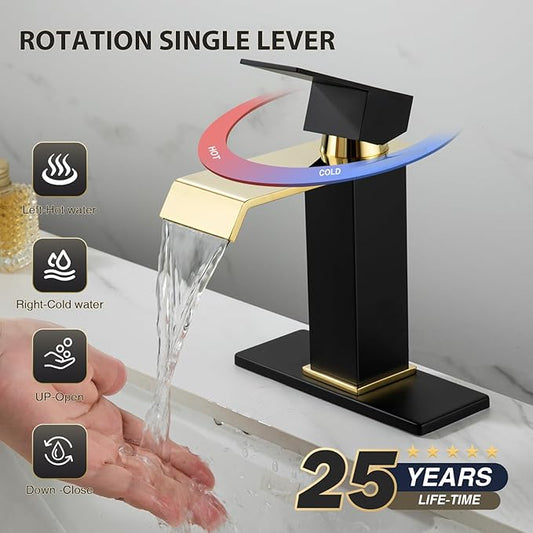 Bathroom Sink Faucet, Black and Gold Color, Waterfall Style, SUS304 Stainless Made, Single-Handle, Deck-Mount Suitable for 1-3-Hole, Drain and Supply Hoses Included