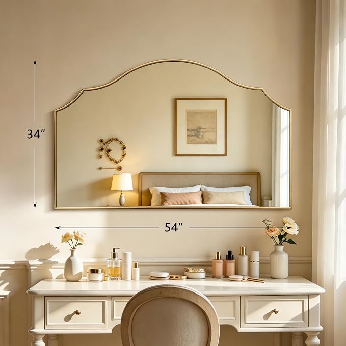 Besdomus Gold Scalloped Wall Mirror: 54"x34" Oversized Wooden Arched Mirror | Modern Minimalist Decorative Mirror for Fireplace/Bathroom/Bedroom/Entryway/Living Room/Dining Room/Vanity/Dresser/Over Sink
