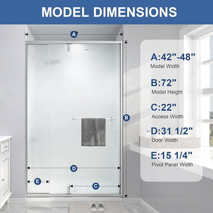 42-48" W x 72" H Frosted Pivot Shower Glass Door Brushed Nickel | 1/4"(6mm) SGCC Tempered Glass with Explosion-Proof Film &Nano Coating,Customizable Width
