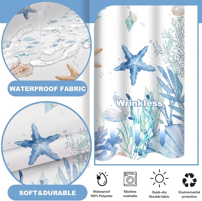 No Hook Shower Curtain and Liner Set, Watercolor Blue Beach Coastal 71x84 | Nautical Ocean for Bathroom, with Snap in Liner Replacement, Mesh Top Window, Waterproof, Machine Washable, Quick-Drying