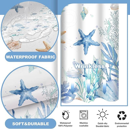 No Hook Shower Curtain and Liner Set, Watercolor Blue Beach Coastal 71x74 | Nautical Ocean for Bathroom, with Snap in Liner Replacement, Mesh Top Window, Waterproof, Machine Washable, Quick-Drying