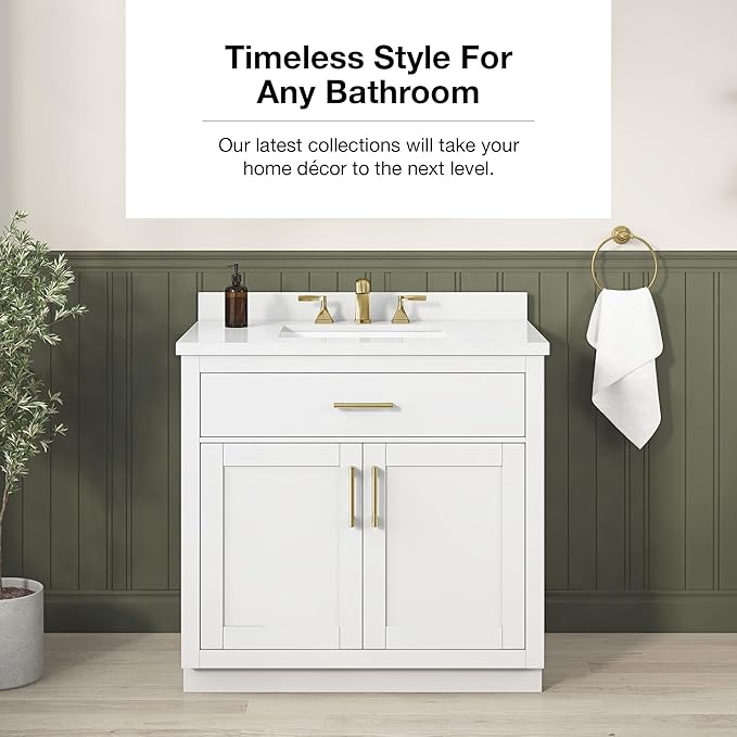 OVE Decors Bailey 36 in. Single Sink Freestanding White Bathroom Vanity with White Quartz Top, Matching Backsplash and Brushed Gold Hardware
