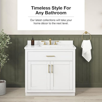OVE Decors Bailey 36 in. Single Sink Freestanding White Bathroom Vanity with White Quartz Top, Matching Backsplash and Brushed Gold Hardware