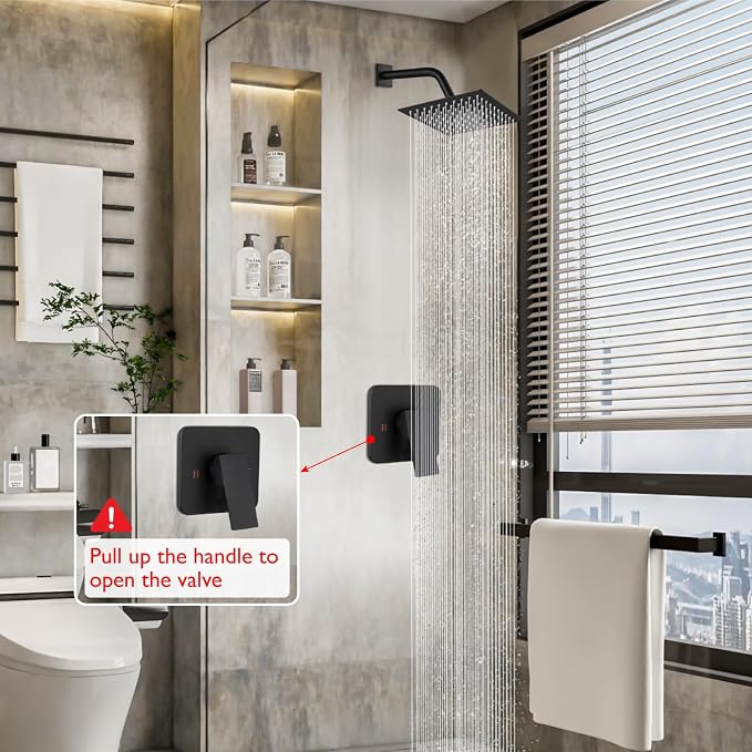 Heyalan 8-Inch Square Rain Shower Faucet Set with Valve, Matte Black | SUS304 stainless steel shower head, male NPT 1/2-inch valve, single-handle control, adjustable angle, 1.8 GPM