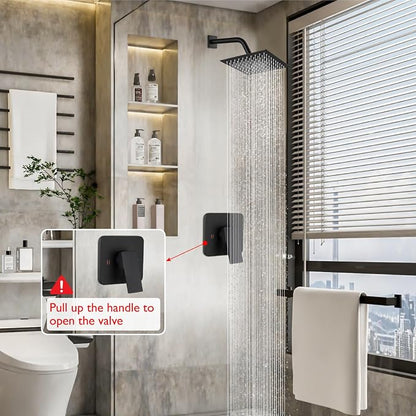 Heyalan 8-Inch Square Rain Shower Faucet Set with Valve, Matte Black | SUS304 stainless steel shower head, male NPT 1/2-inch valve, single-handle control, adjustable angle, 1.8 GPM