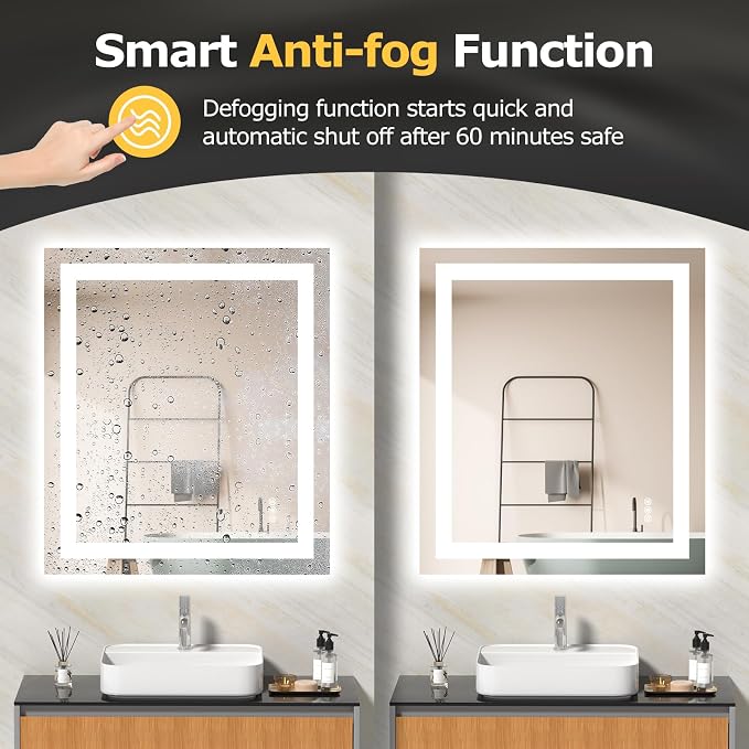 Hivone 28"X32" LED Bathroom Mirror with Lights, Anti-Fog, Dimmable, Backlit + Front Lit, Smart Bathroom Vanity Mirror, Memory Function, Shatterproof, Tempered Glass (Horizontal/Vertical)