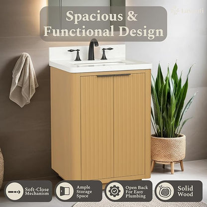 Lavanti Wooderna 24 Inch Bathroom Vanity with Sink – Stylish Firwood Oak Vanity Bathroom with Storage Cabinet – Modern Bathroom Vanities with Single Vanity Sink & Quartz Countertop