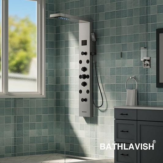 5 In 1 Shower Panel Tower System, 304 Stainless Steel LED Rainfall Shower Head with 8 Massage Body Jets, 3 Functions Handheld Head and Tub Spout for Home Hotel Bathroom Lavatory, Brushed Nickel