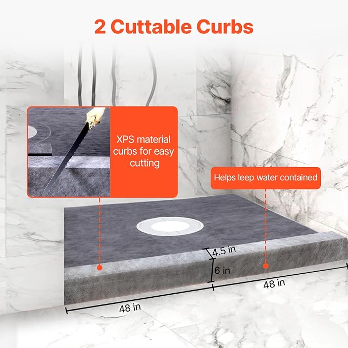 VEVOR Shower Curb Kit, 48 x 48 in Watertight Shower Curb Overlay with 4 in PVC Center Bonding Flange, 4 in Stainless Steel Grate, 2 Cuttable Shower Curbs Trowel and Shower Pan Slope Stick for Bathroom