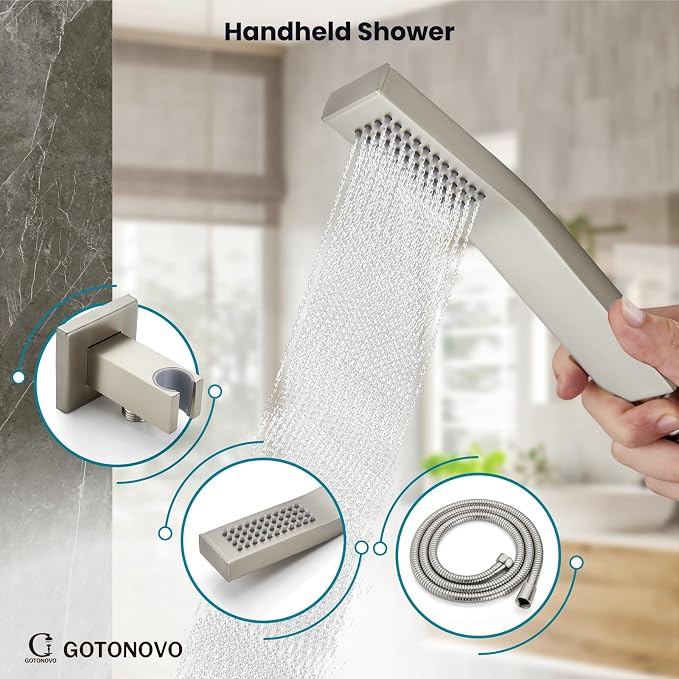 gotonovo Bathtub Shower Faucet Set, 8 Inch Shower Head, Brushed Nickel | Wall Mounted Shower System with Tub Spout for Bathroom, Square High Pressure Rain Shower head with Handheld Spray, All Metal