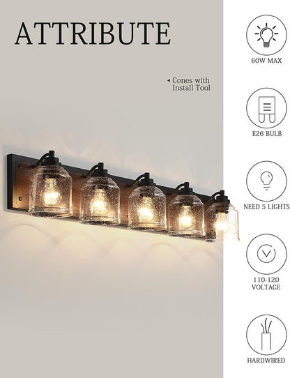 Vanity Lights for Bathroom Large 40", Farmhouse Rustic Vanity Light with Bubble Glass Shades, Brown 5 Light Bathroom Lighting Fixtures Over Mirror, Bath Wall Sconce Home Decor
