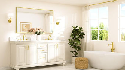 Brushed Gold Mirror Beveled Frame 60" x 36" Large Brass Gold Rectangle Bathroom Vanity Wall Mirror for Over Sink, Modern Farmhouse, Tempered Glass, Shatterproof, Stronger Frame