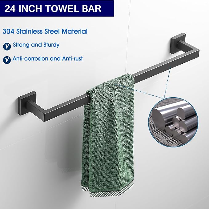 Bathroom Hardware Set Matte Black 23.6-Inch Towel Bar,2pcs Towel Hook,Toilet Paper Holder,Hand Towel Holder Stainless Steel Bathroom Accessories GTS3190B…
