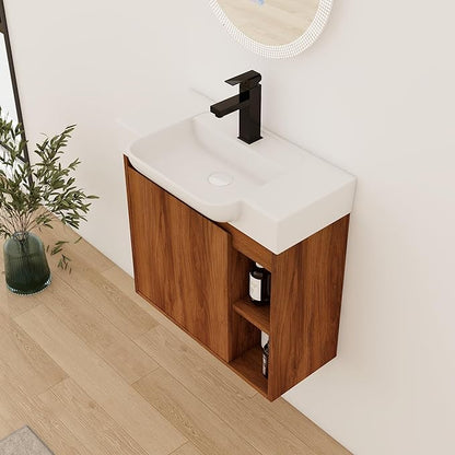24" Wall-Mounted Bathroom Vanity with Ceramic Sink, 24 inch Floating Single Sink Vanity Cabinet Modern Brown 1-Door Design with Storage Shelf (Space-Saving for Small Bathrooms)